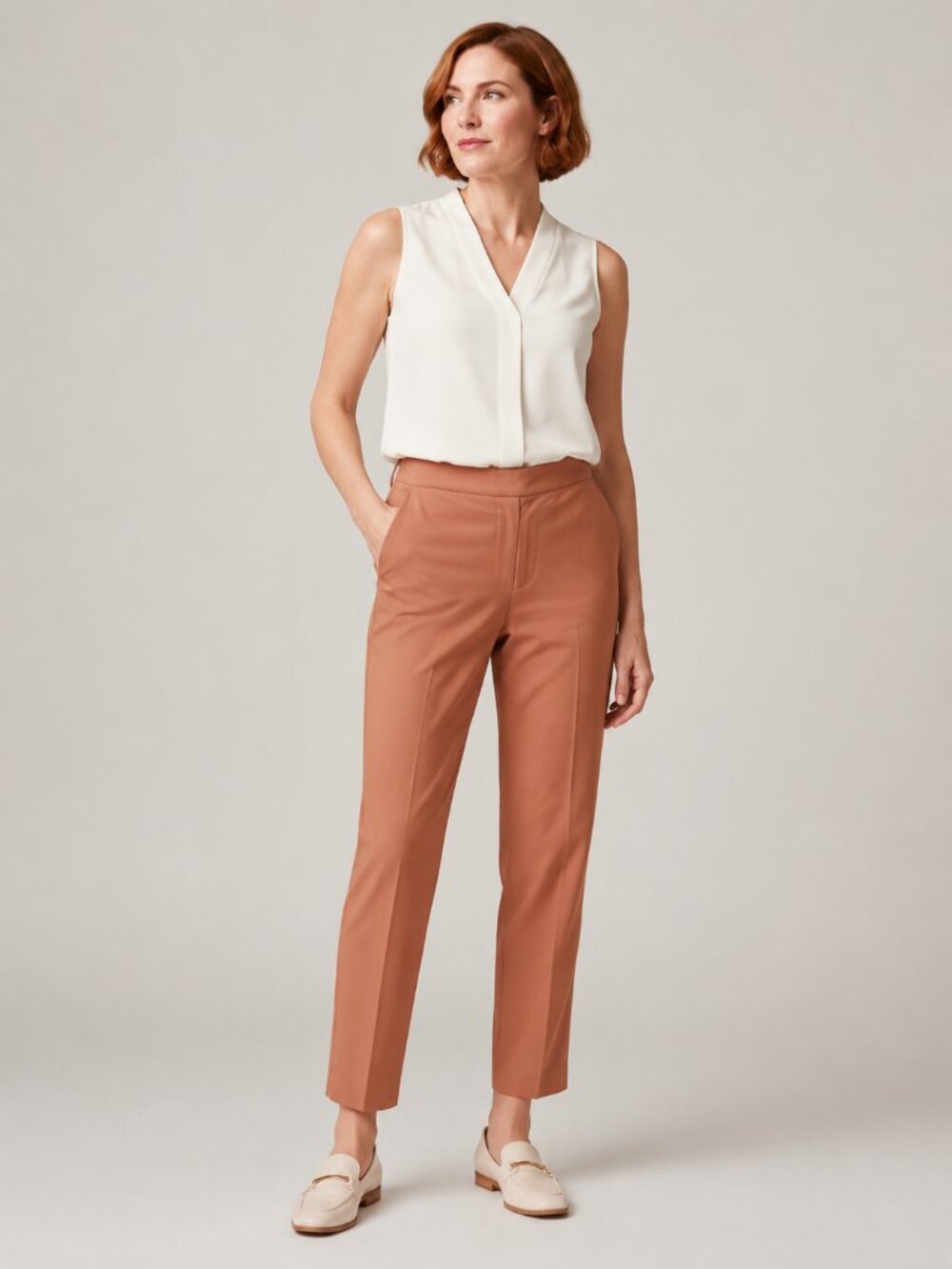 MNG Women’s Rusty Terracotta Work Pants Elastic Waistband Straight Leg Size 8